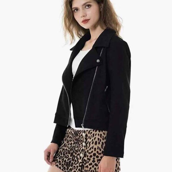 Apperloth Womens XL Suede Jacket Black Long Sleeve Zipper Short Moto Biker Coat - Picture 3 of 10